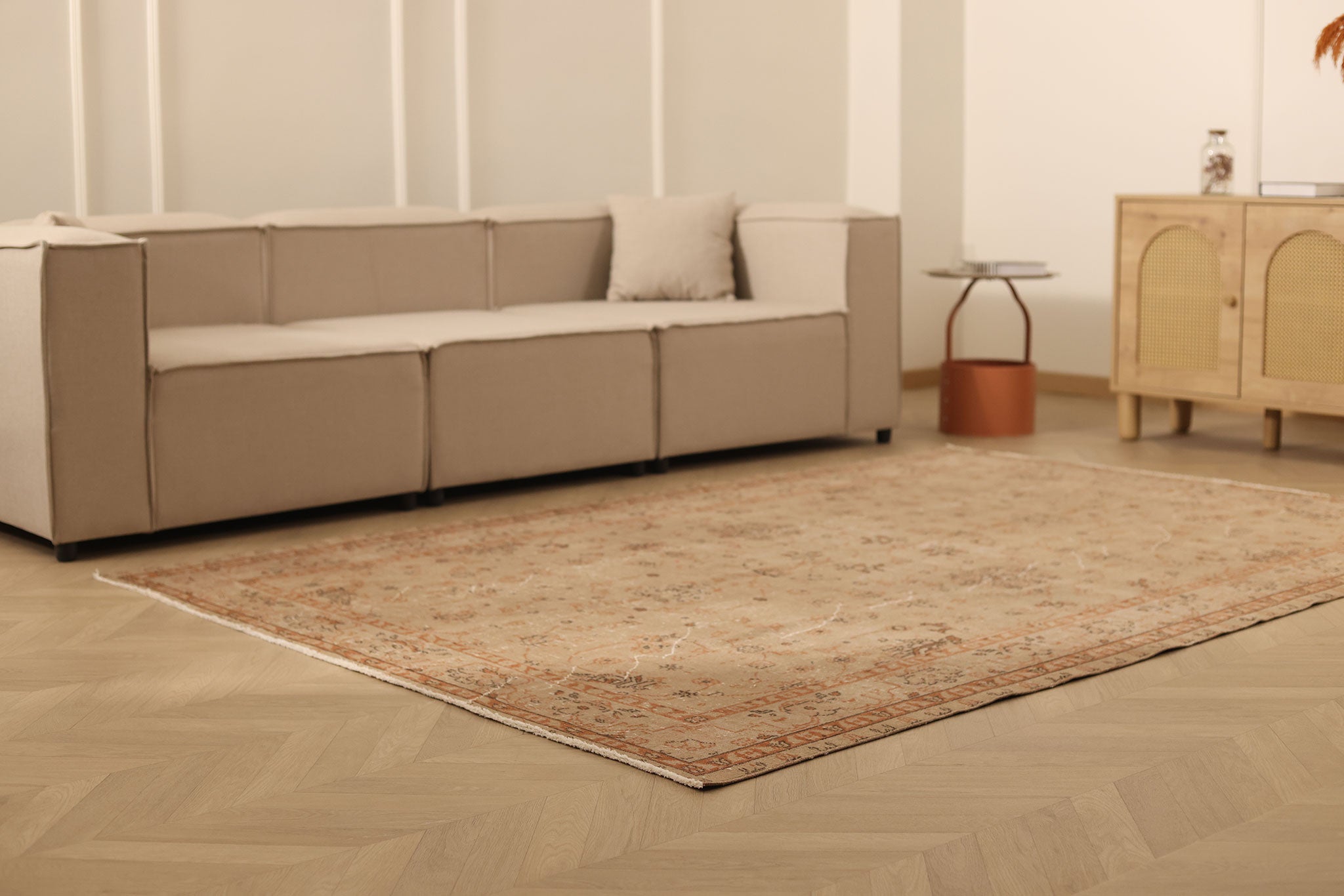 Vintage Isparta Turkish Area Rug 6x8 ft — Beige & Brown Floral