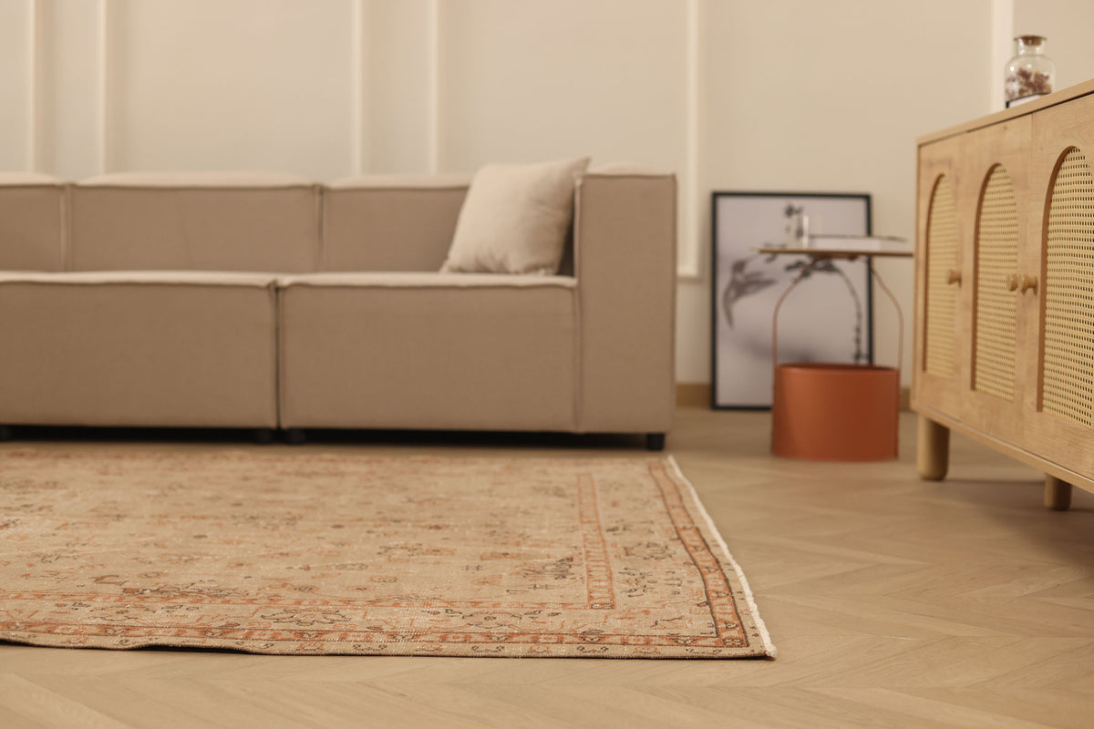 Vintage Isparta Turkish Area Rug 6x8 ft — Beige & Brown Floral