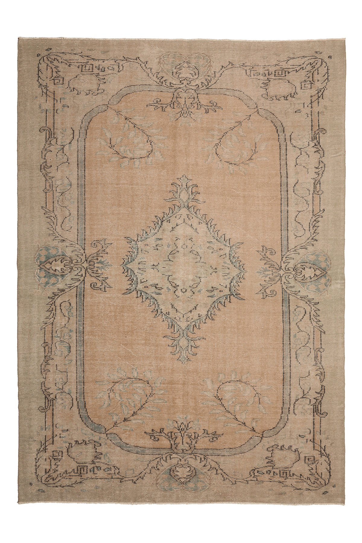 Vintage Manisa Turkish Area Rug 7x10 ft — Beige & Green Floral