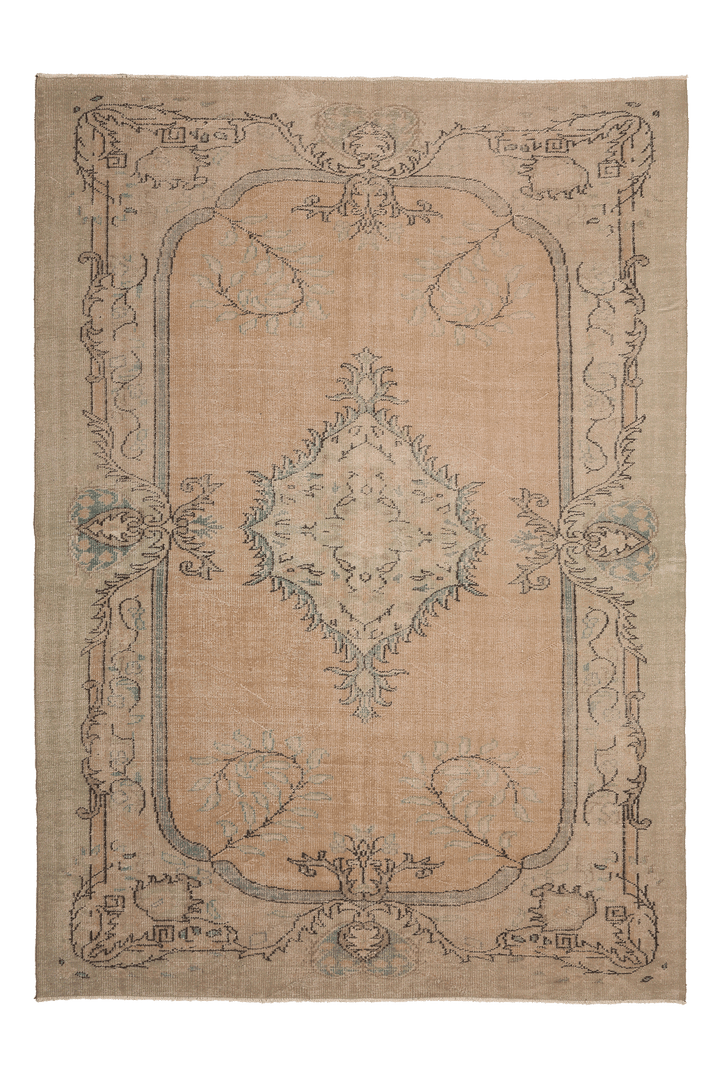 Vintage Manisa Turkish Area Rug 7x10 ft — Beige & Green Floral