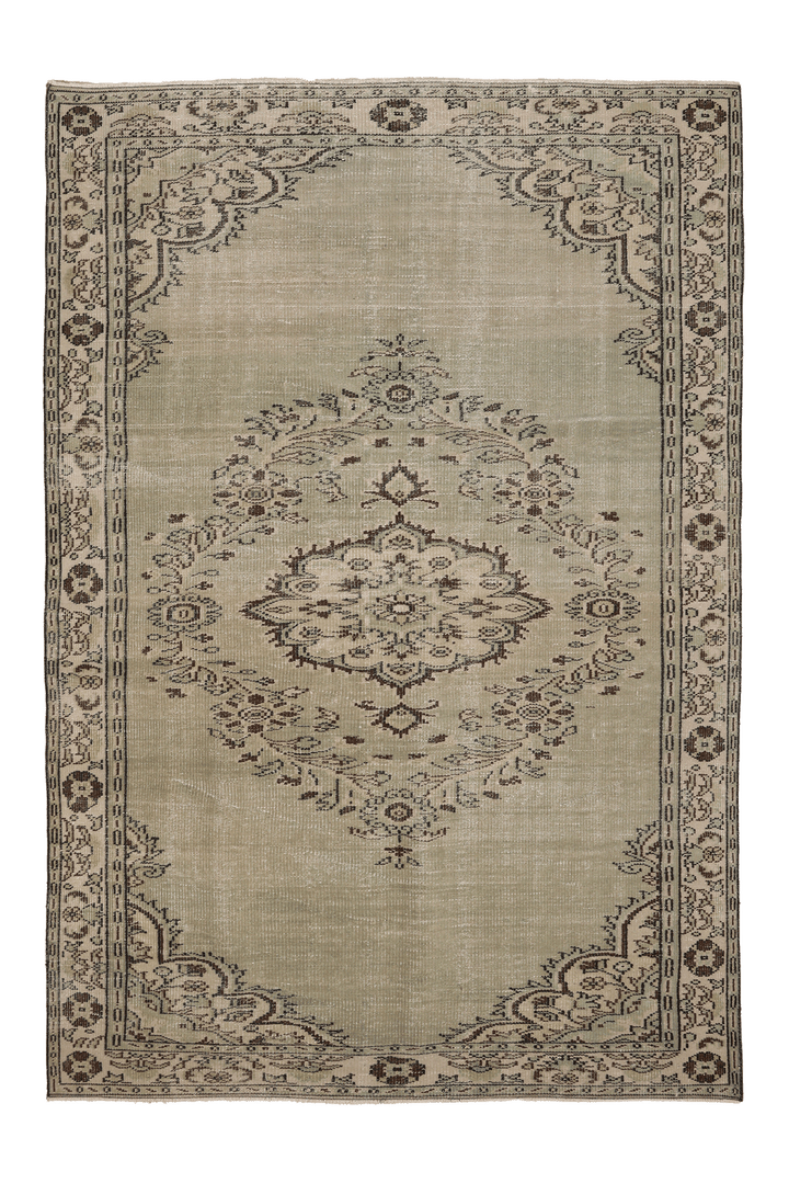 Vintage Manisa Turkish Area Rug 6x8 ft — Beige & Brown Floral (No. 61860)