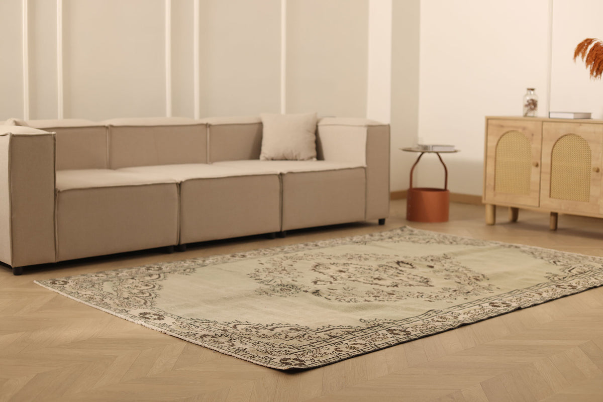 Vintage Manisa Turkish Area Rug 6x8 ft — Beige & Brown Floral (No. 61860)