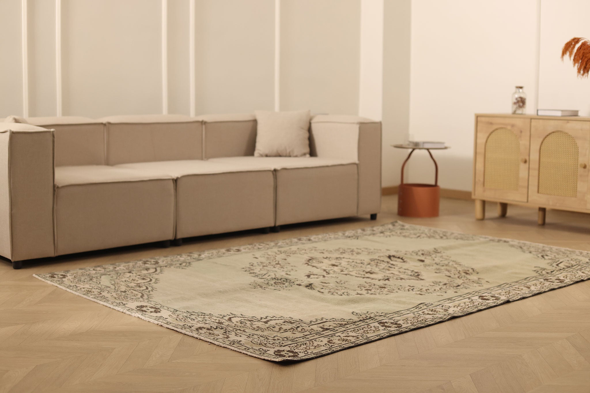 Vintage Manisa Turkish Area Rug 6x8 ft — Beige & Brown Floral (No. 61860)