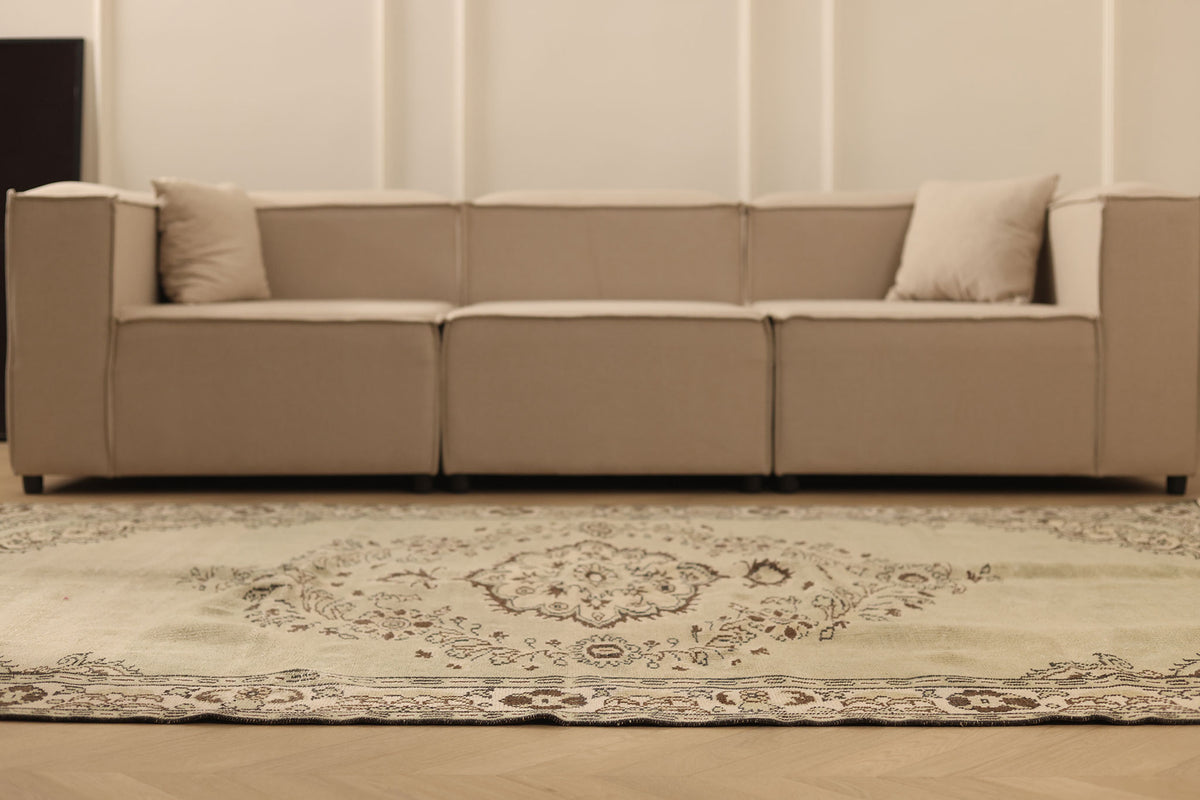 Vintage Manisa Turkish Area Rug 6x8 ft — Beige & Brown Floral (No. 61860)