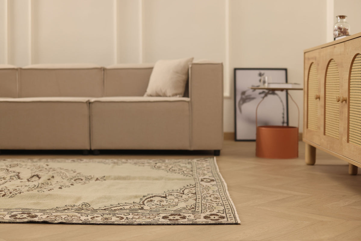 Vintage Manisa Turkish Area Rug 6x8 ft — Beige & Brown Floral (No. 61860)