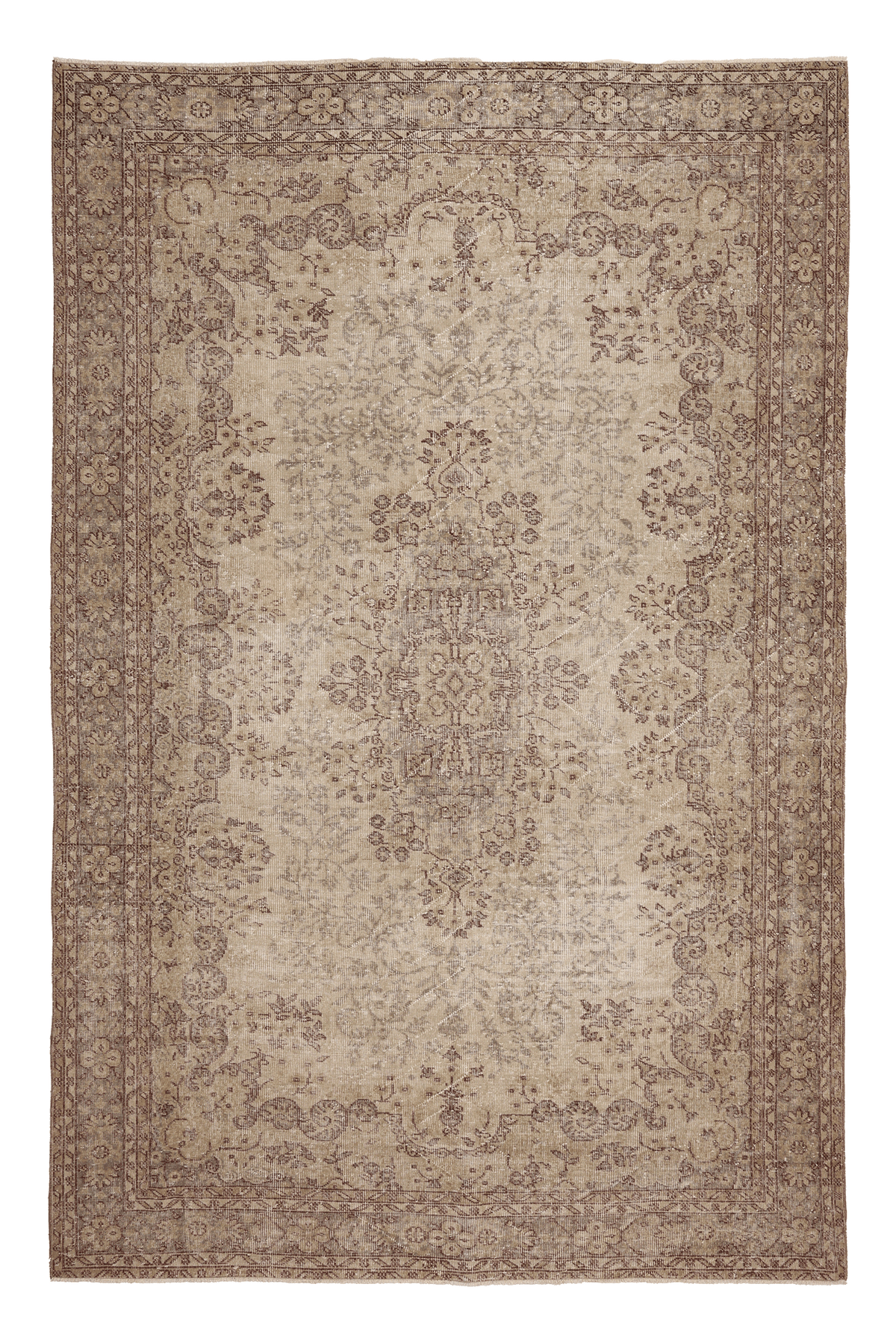 Vintage Isparta Turkish Area Rug 6x10 ft — Beige & Brown Floral (No. 61861)