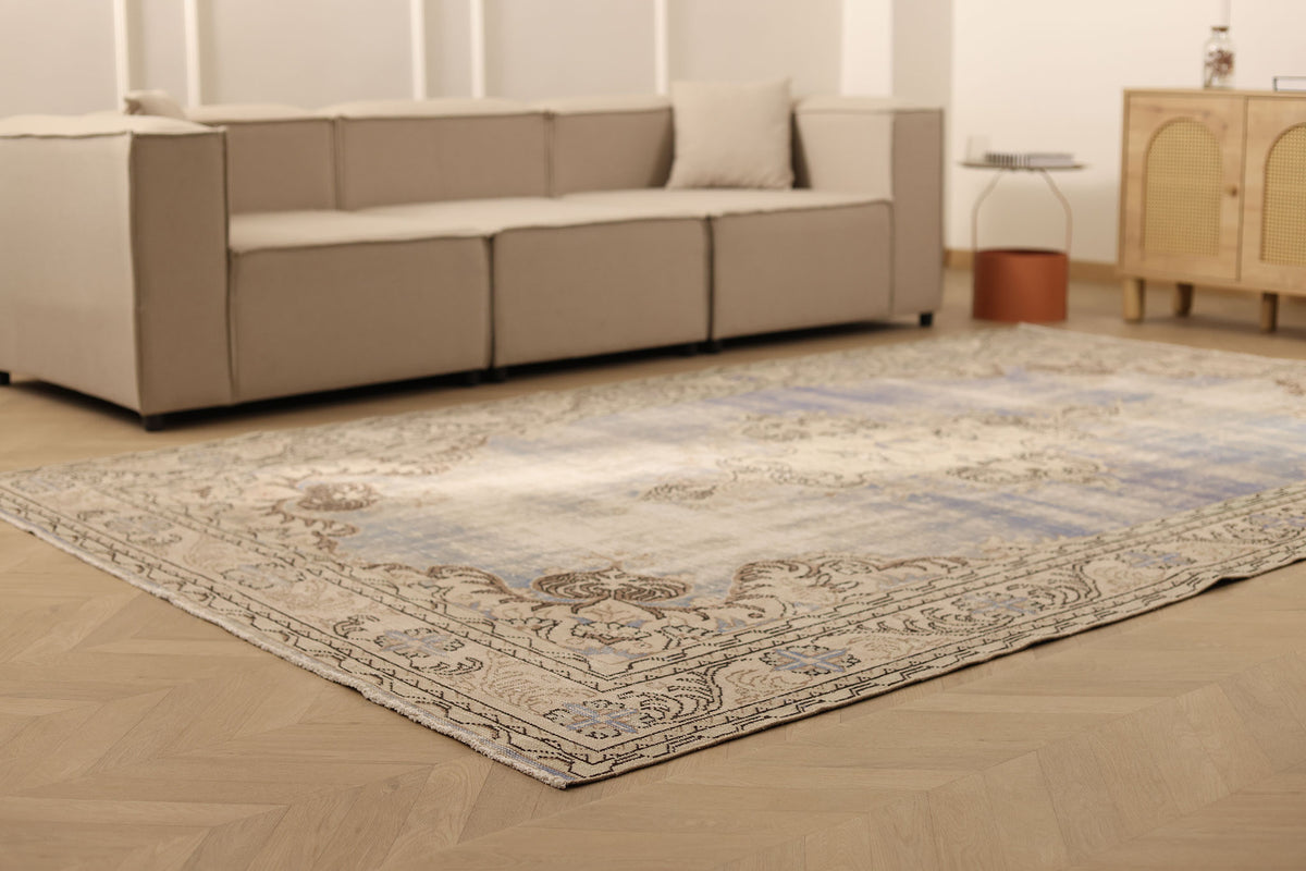 Vintage Manisa Turkish Area Rug 7x11 ft — Blue & Beige Floral