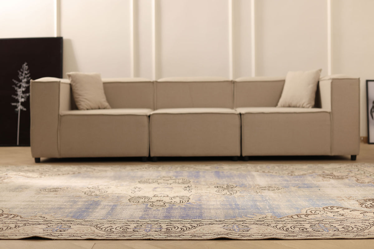 Vintage Manisa Turkish Area Rug 7x11 ft — Blue & Beige Floral