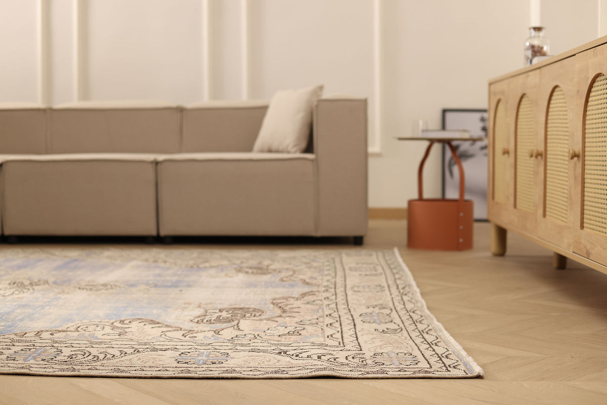 Vintage Manisa Turkish Area Rug 7x11 ft — Blue & Beige Floral