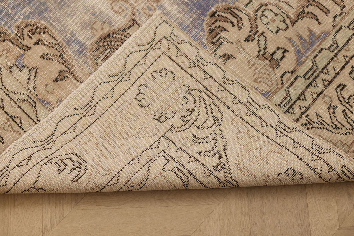 Vintage Manisa Turkish Area Rug 7x11 ft — Blue & Beige Floral