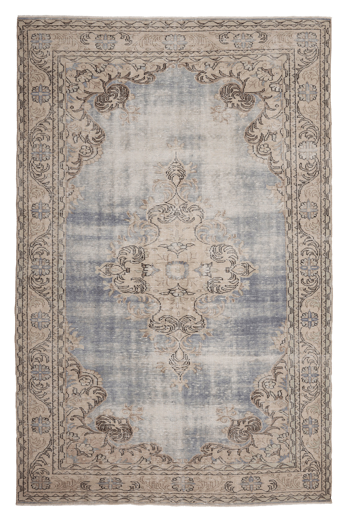 Vintage Manisa Turkish Area Rug 7x11 ft — Blue & Beige Floral