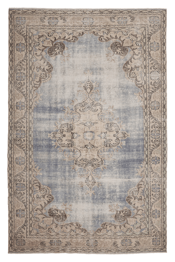Vintage Manisa Turkish Area Rug 7x11 ft — Blue & Beige Floral