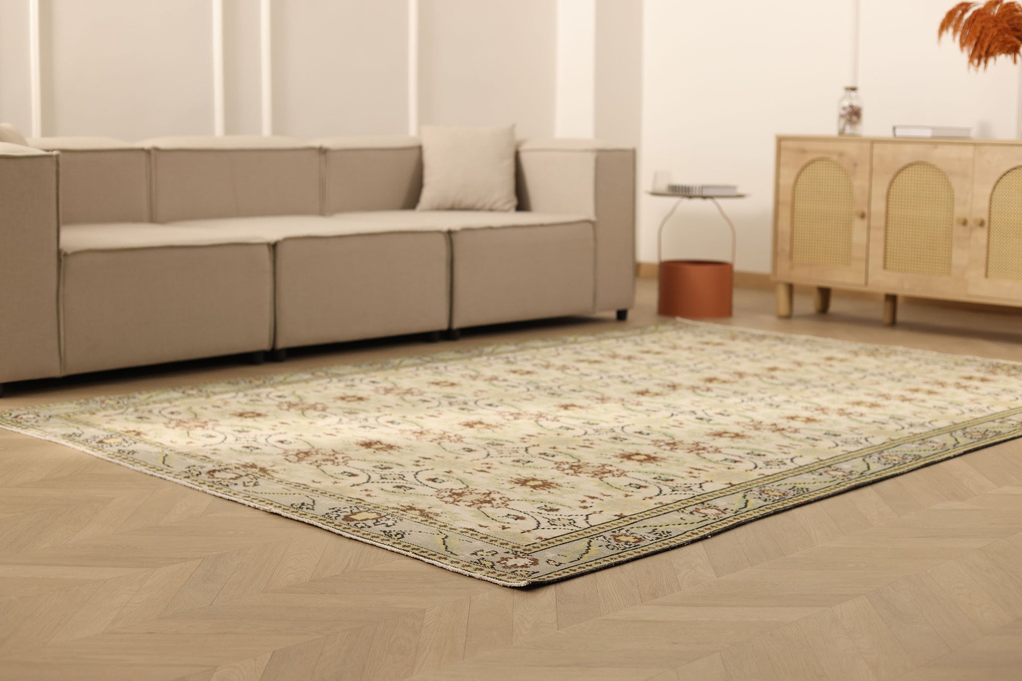 Vintage Manisa Turkish Area Rug 6x9 ft — Beige & Green Floral