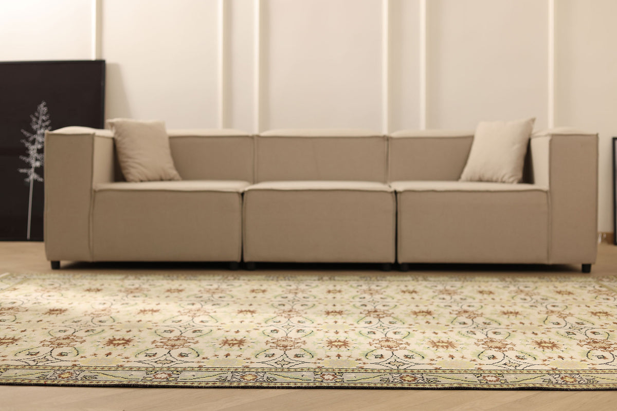 Vintage Manisa Turkish Area Rug 6x9 ft — Beige & Green Floral