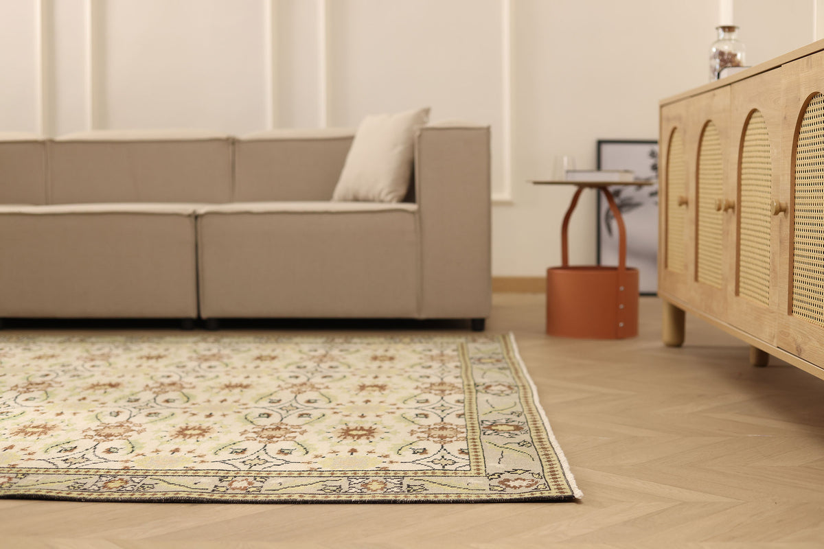 Vintage Manisa Turkish Area Rug 6x9 ft — Beige & Green Floral
