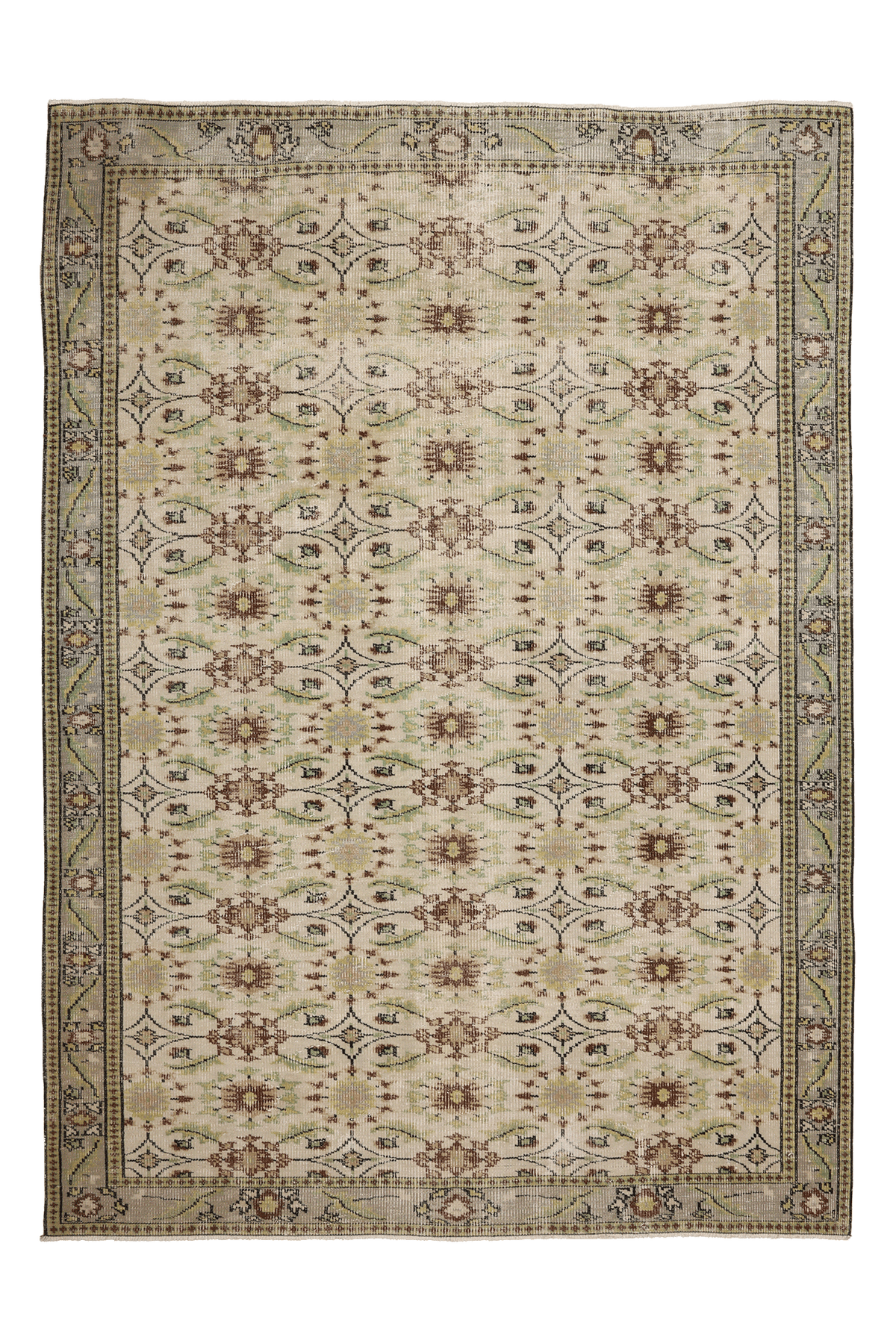 Vintage Manisa Turkish Area Rug 6x9 ft — Beige & Green Floral