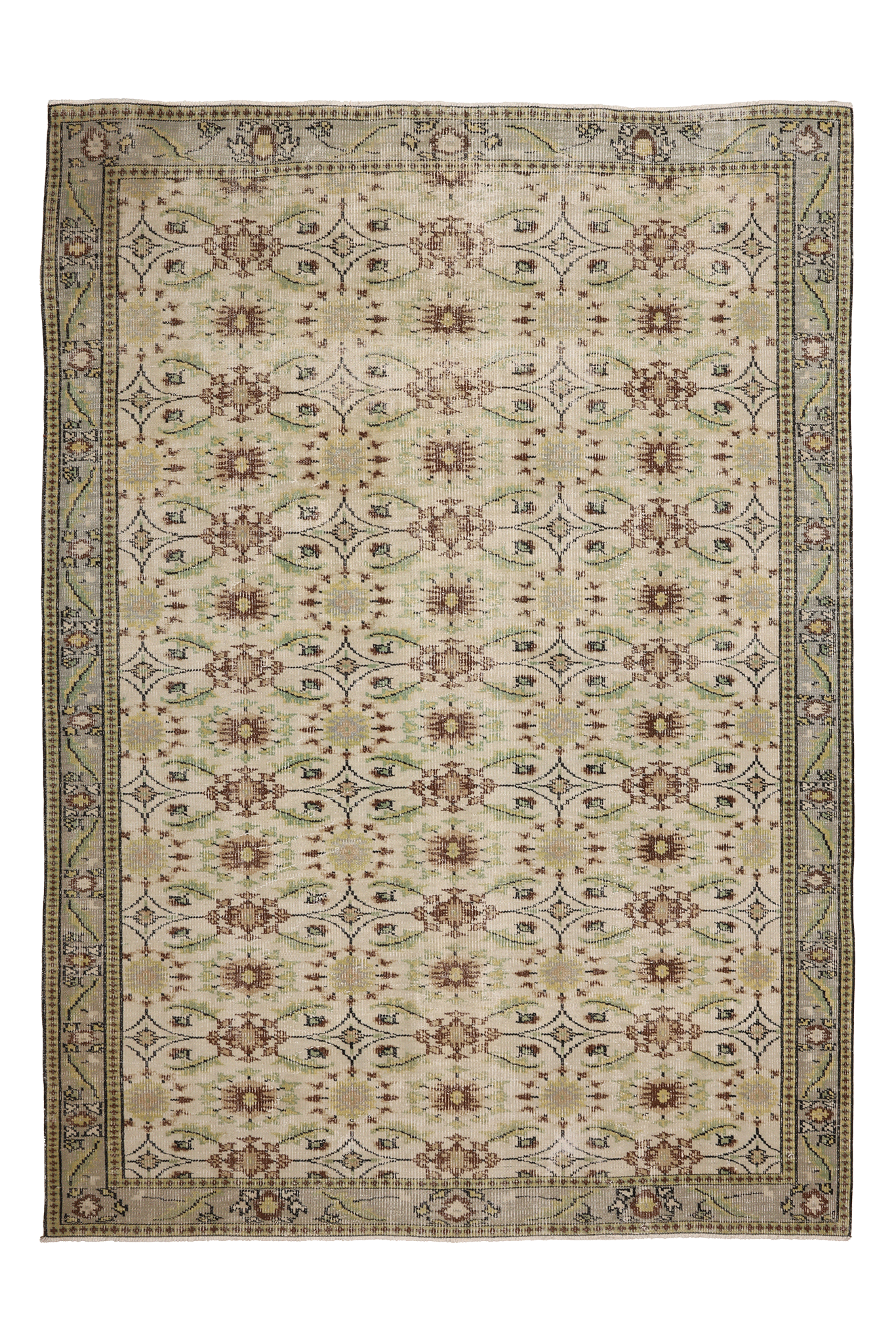 Vintage Manisa Turkish Area Rug 6x9 ft — Beige & Green Floral