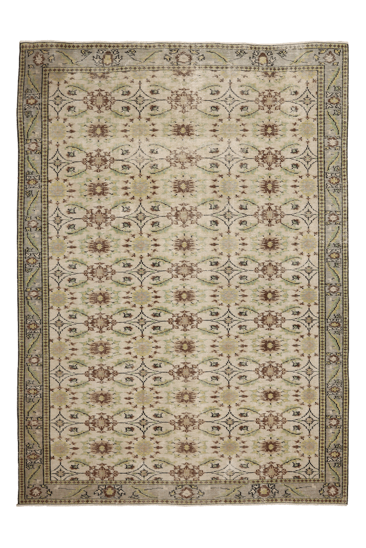 Vintage Manisa Turkish Area Rug 6x9 ft — Beige & Green Floral