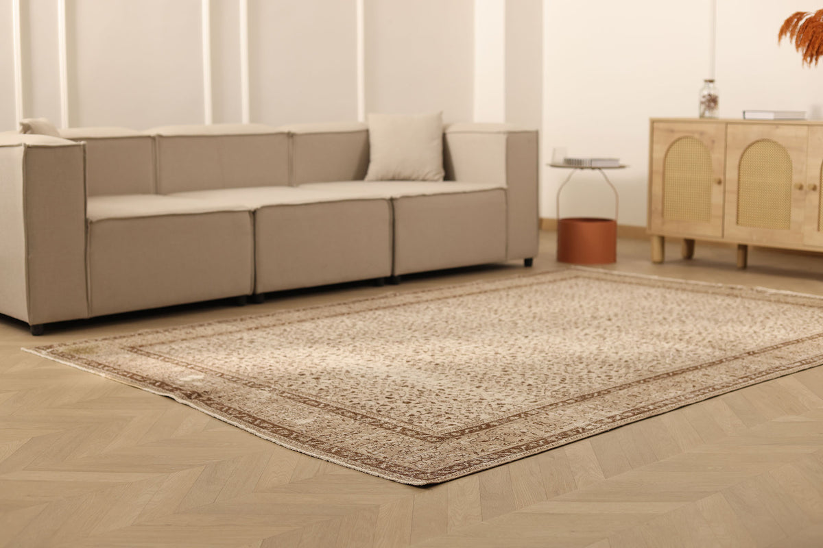 Vintage Isparta Turkish Area Rug 6x9 ft — Beige & Brown Floral (No. 61866)