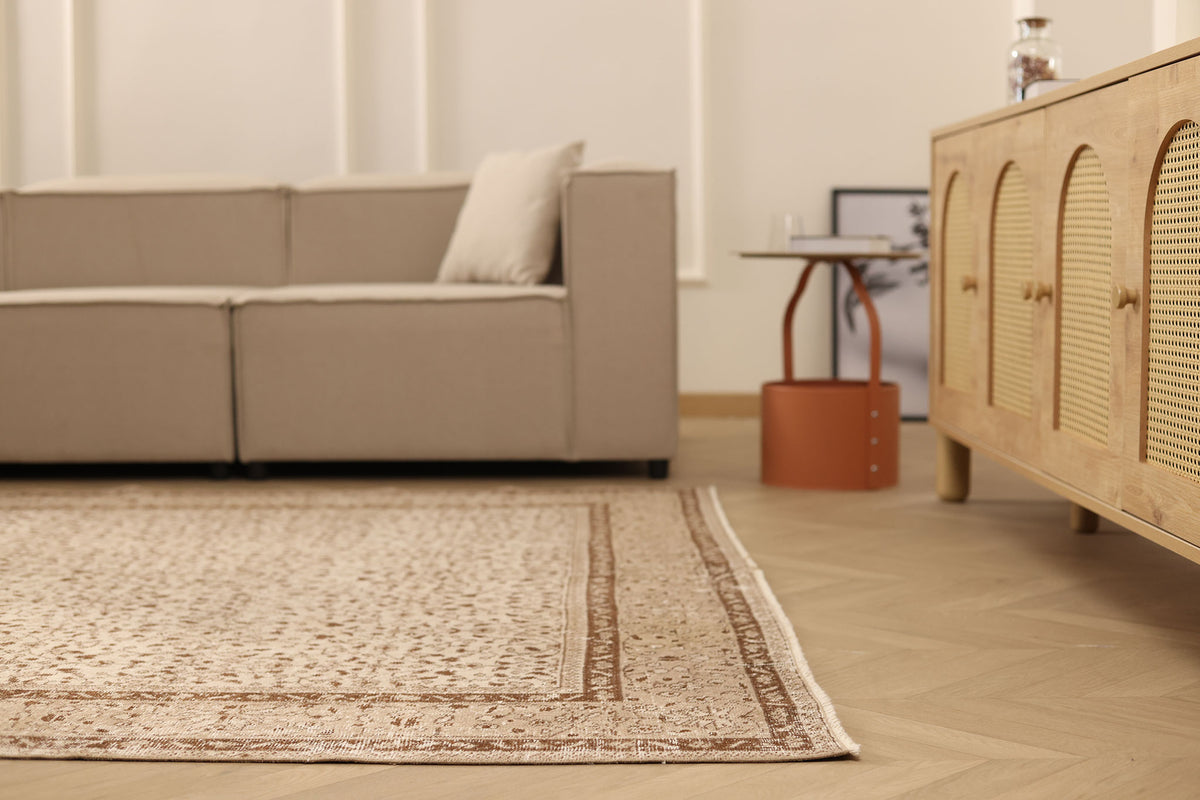 Vintage Isparta Turkish Area Rug 6x9 ft — Beige & Brown Floral (No. 61866)