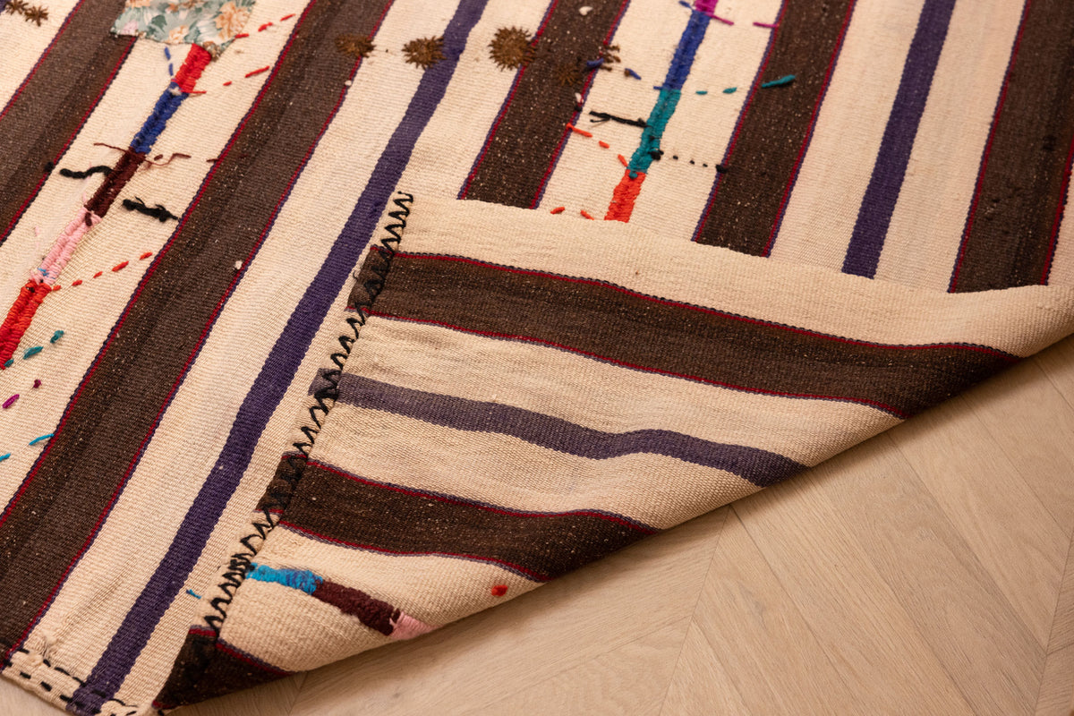 Vintage Urfa Turkish Area Rug 5x7 ft — White & Brown Stripped