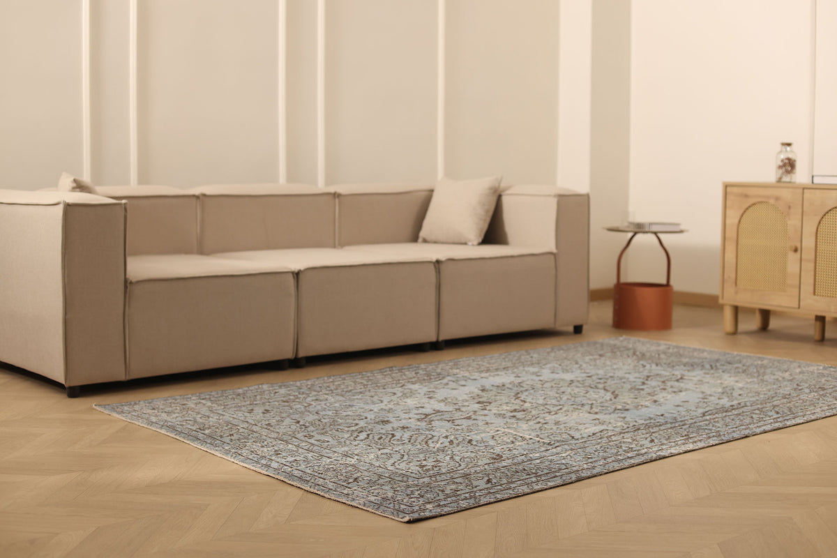 Vintage Isparta Turkish Area Rug 5x9 ft — Gray & Blue Overdyed