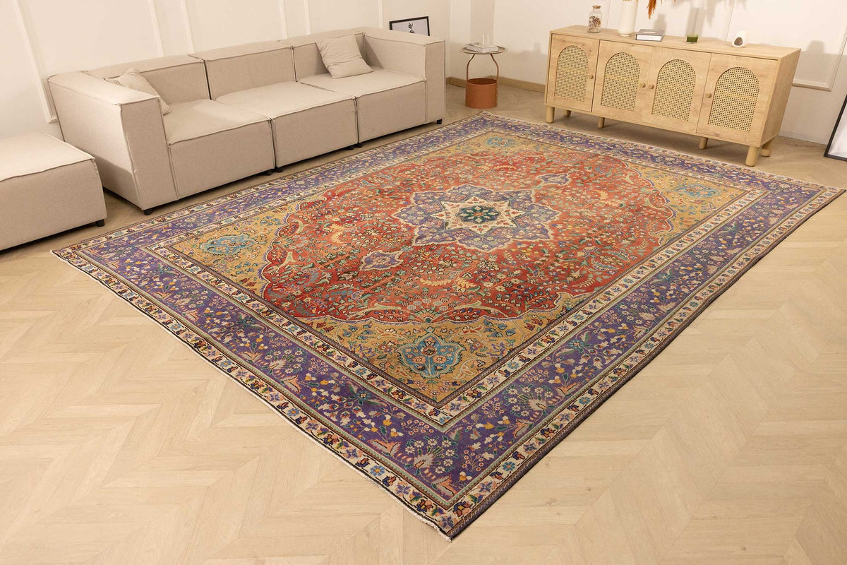 Vintage Kars Persian Style Area Rug 10x13 ft — Red & Blue Medallion