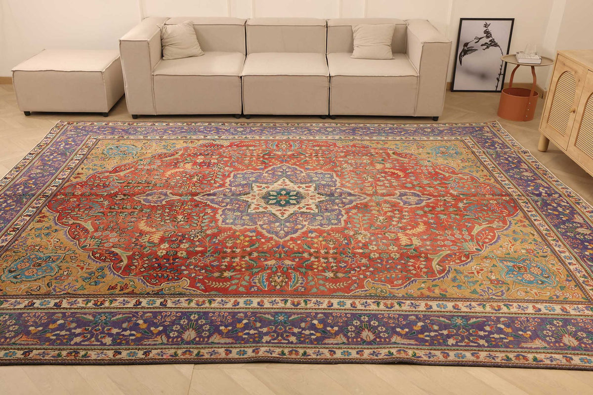 Vintage Kars Persian Style Area Rug 10x13 ft — Red & Blue Medallion