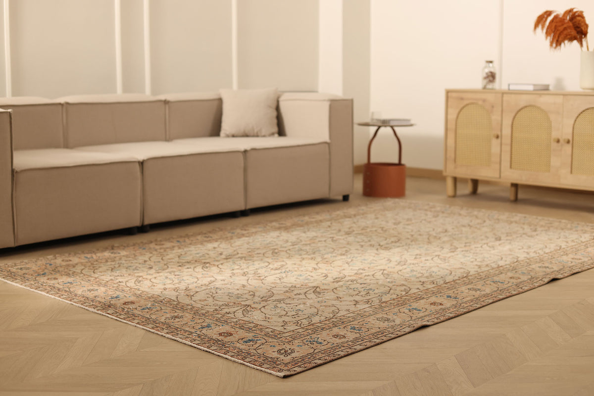 Vintage Isparta Turkish Area Rug 6x9 ft — Beige & Brown Floral (No. 61936)