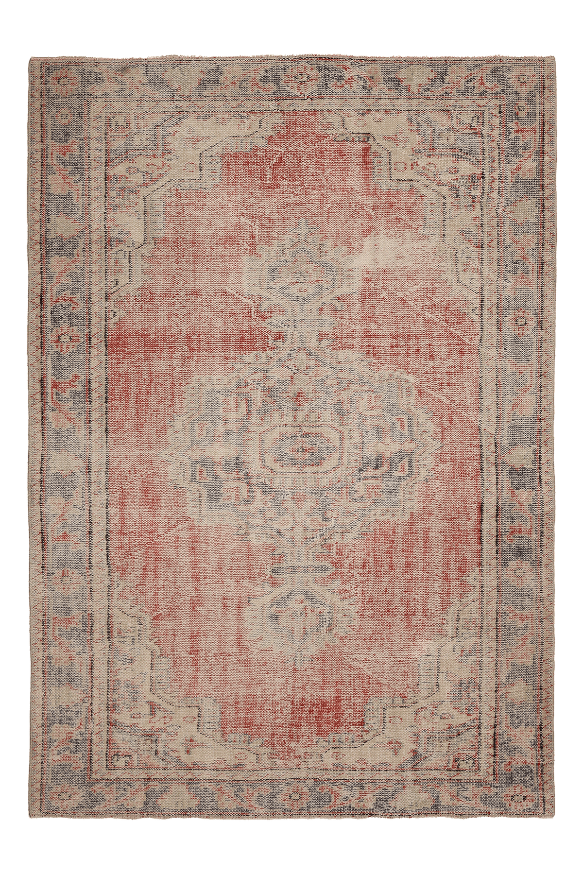 Vintage Manisa Turkish Area Rug 6x9 ft — Red & Beige Distressed (No. 61937)