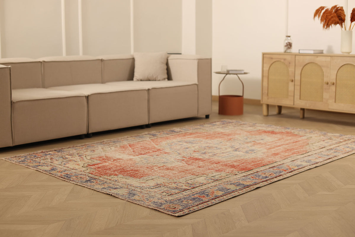 Vintage Manisa Turkish Area Rug 6x9 ft — Red & Beige Distressed (No. 61937)