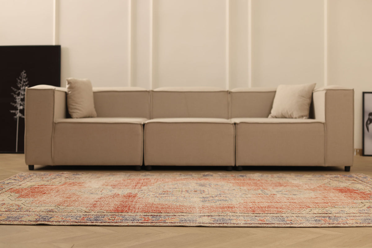 Vintage Manisa Turkish Area Rug 6x9 ft — Red & Beige Distressed (No. 61937)
