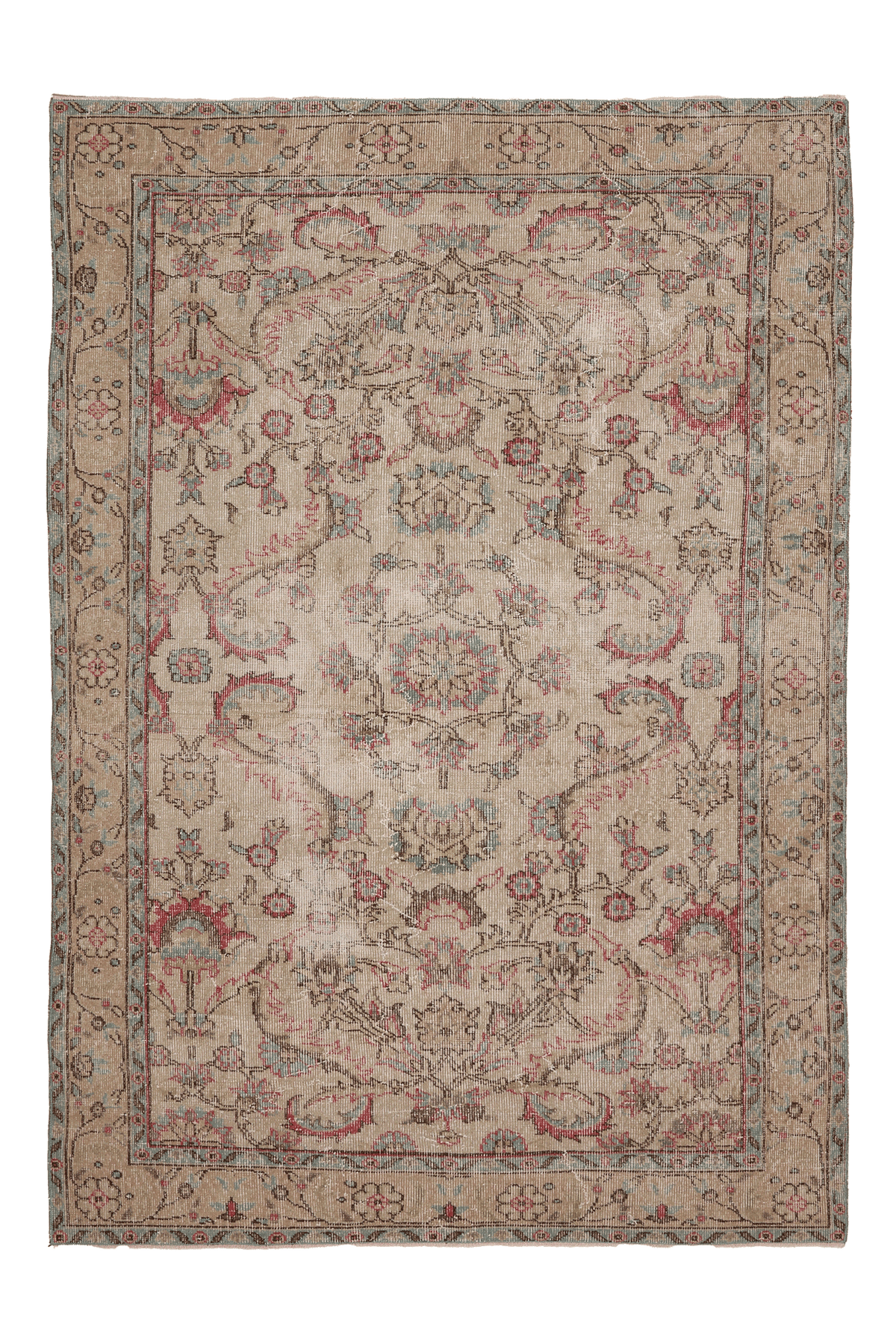 Vintage Isparta Turkish Area Rug 5x8 ft — Beige & Red Floral (No. 61938)