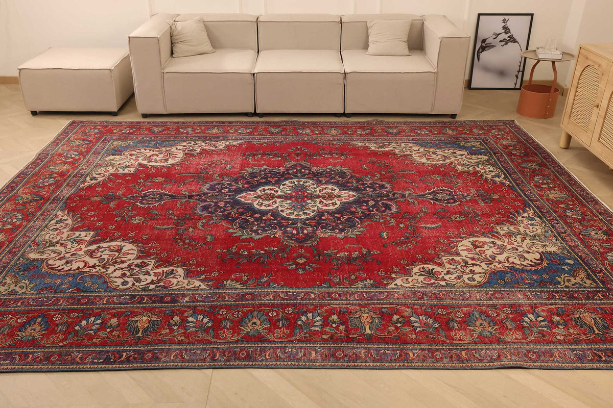 Vintage Southeastern Persian Style Oversize Rug 10x12 ft — Red & Blue Medallion