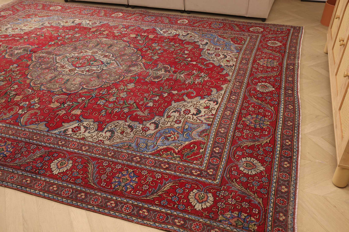 Vintage Southeastern Persian Style Oversize Rug 10x12 ft — Red & Blue Medallion