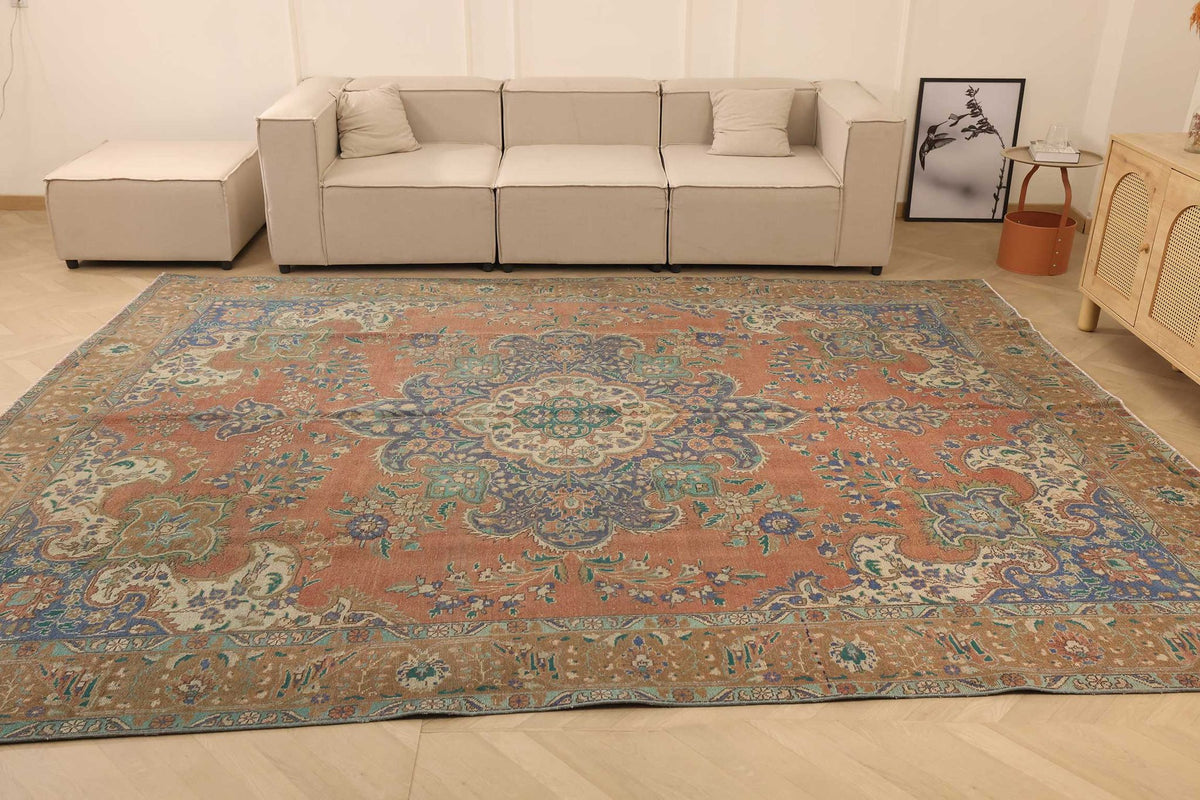 Vintage Southeastern Persian Style Oversize Rug 10x12 ft — Brown & Blue Medallion