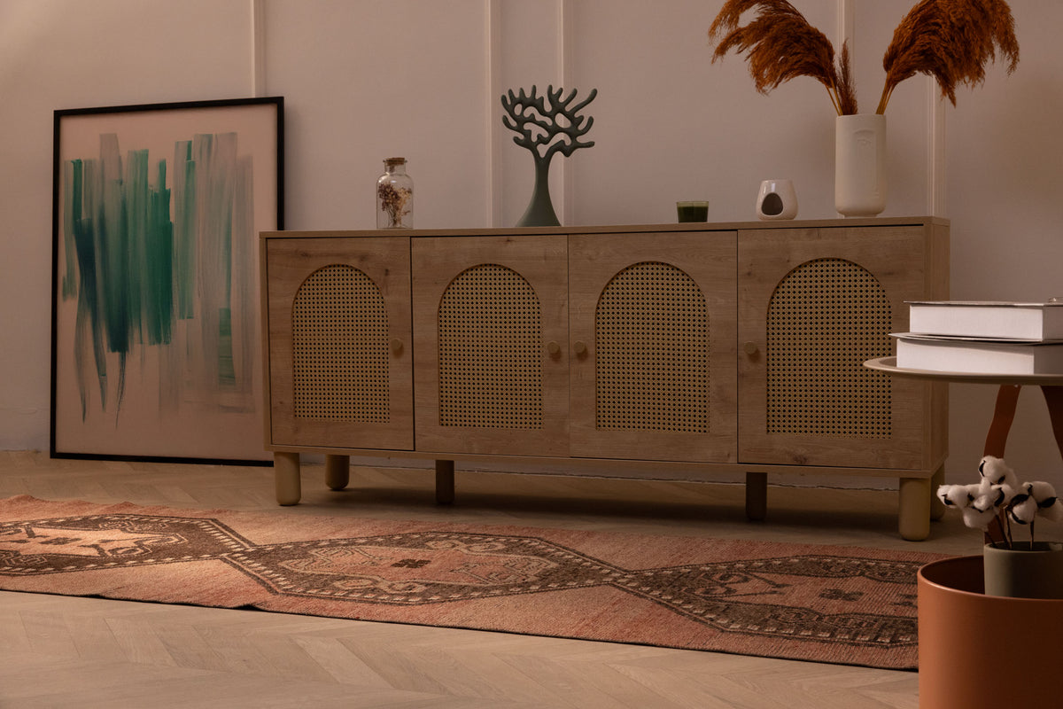 Vintage Malatya Turkish runner rug in brown and orange wool with geometric patterns, 3x11 ft, styled in a modern room.