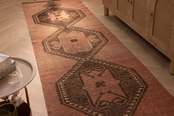 Vintage Malatya Turkish Runner Rug 3x11 ft — Brown & Orange Geometric