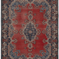 Oversized red and navy Persian-style wool and cotton area rug featuring intricate floral patterns and traditional motifs.