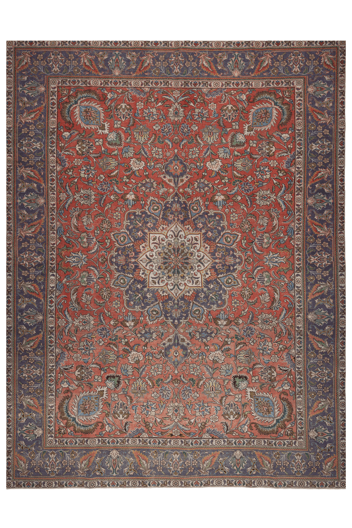 Oversized 9.7x13 ft handmade wool and cotton Persian-style rug featuring red and navy floral patterns.