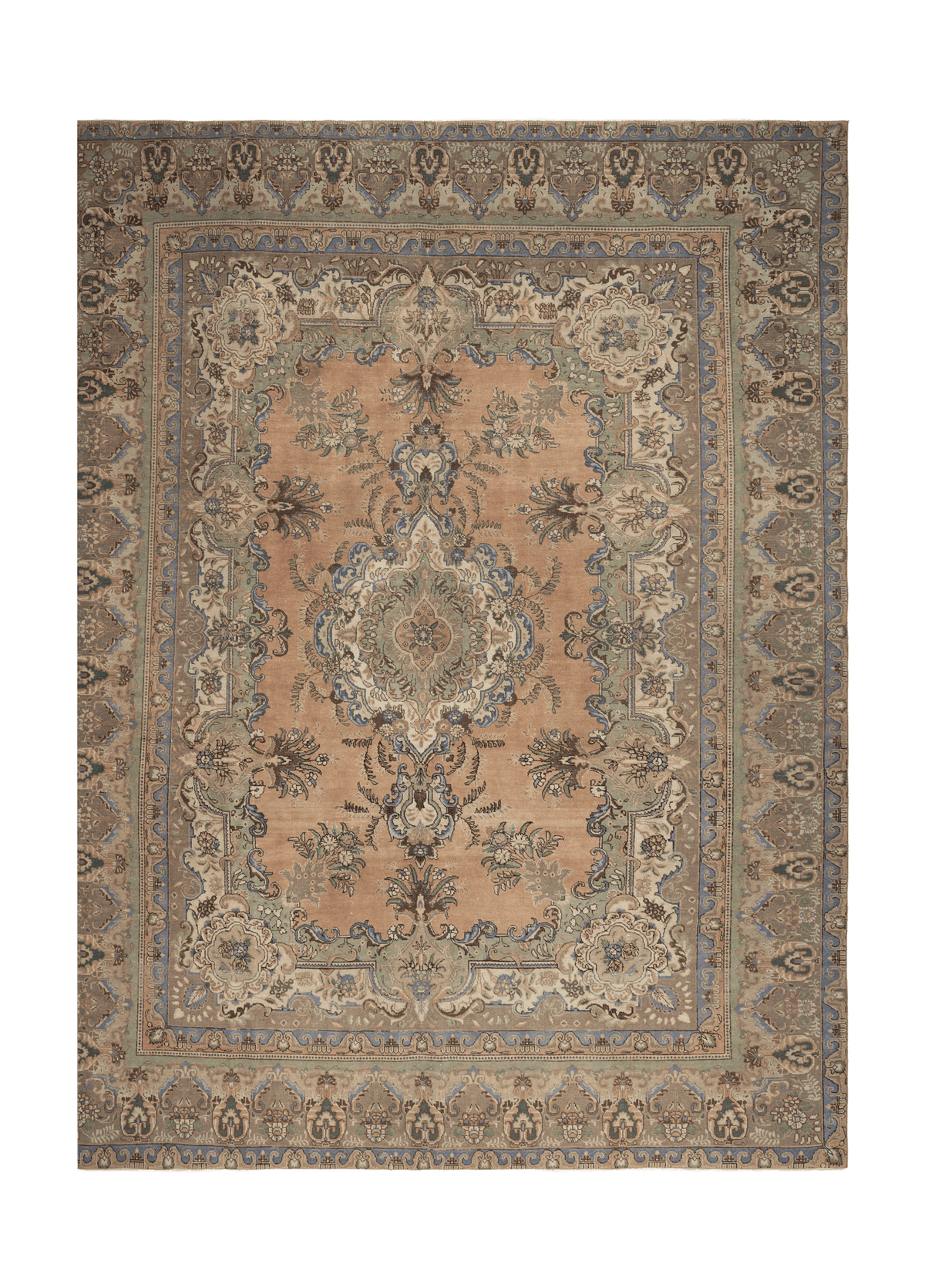 Oversized 10x13 Persian-style wool and cotton rug featuring intricate brown and green floral patterns on a warm base.
