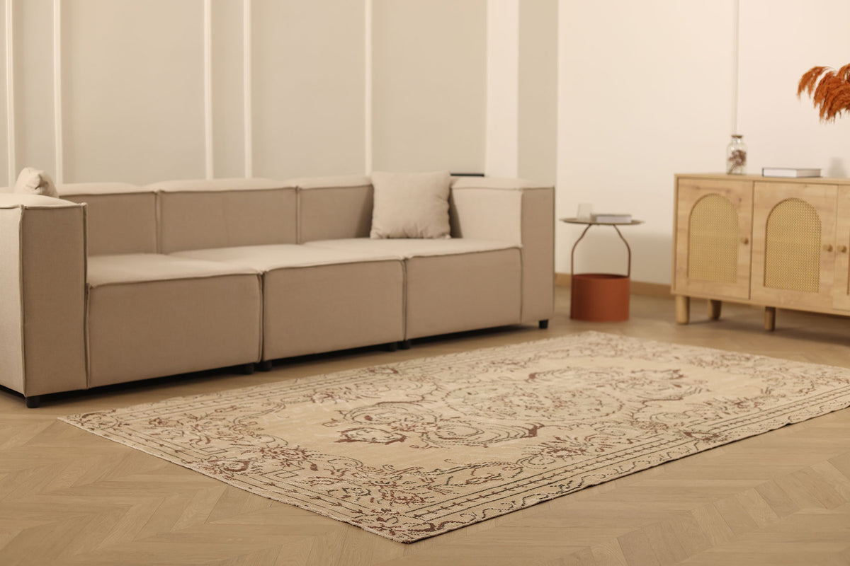 Vintage Manisa Turkish Area Rug 5x9 ft — Beige & Brown Floral (No. 62038)