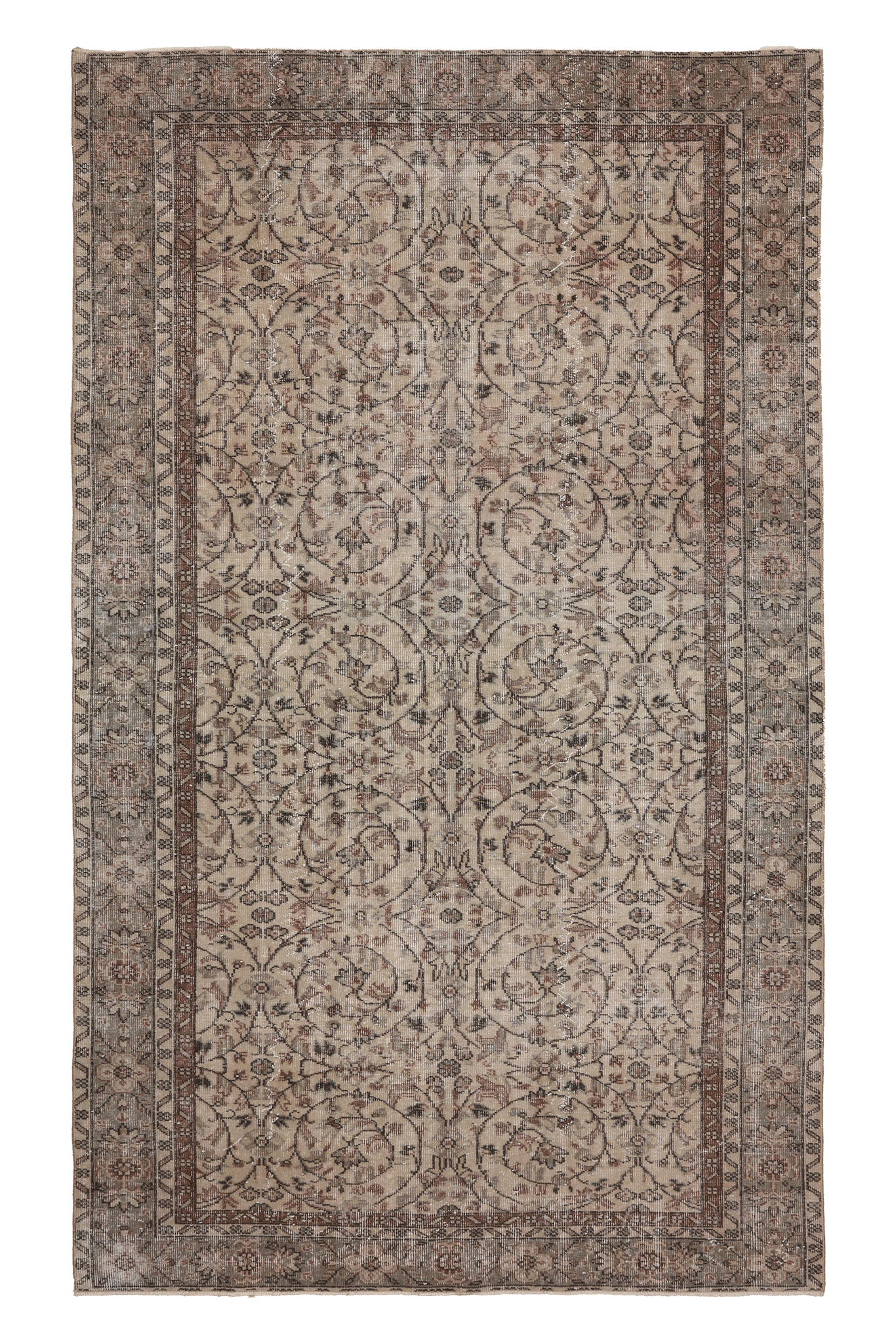 Vintage Isparta Turkish Area Rug 5x9 ft — Beige & Brown Floral (No. 62041)