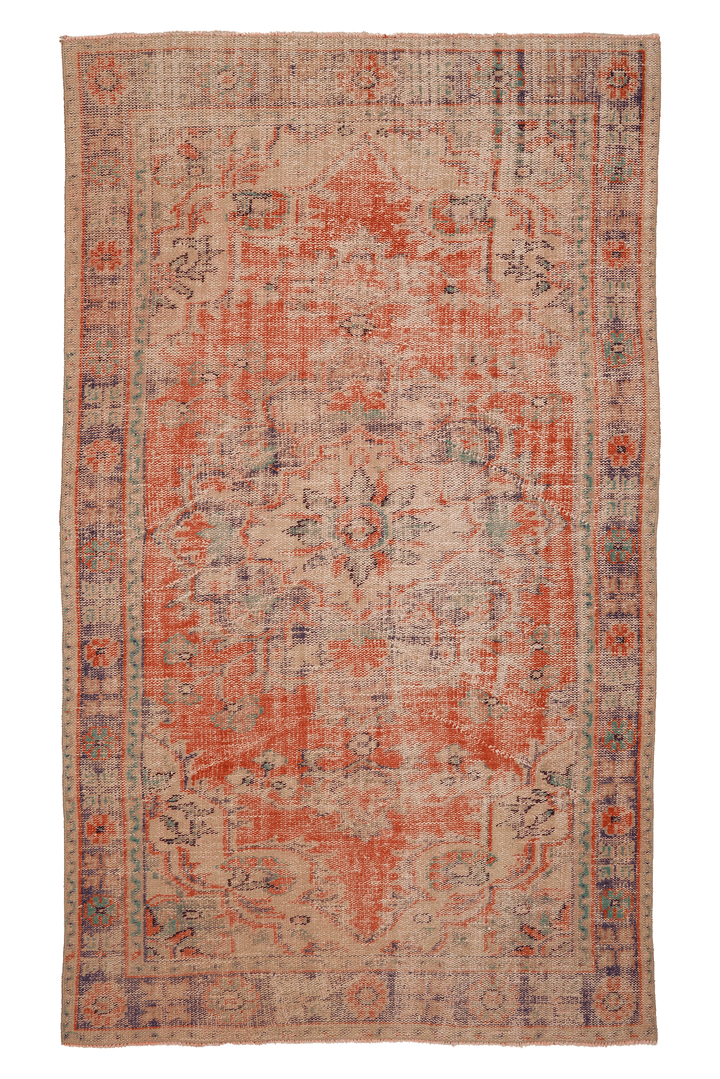 Vintage Manisa Turkish Area Rug 5x10 ft — Orange & Beige Distressed