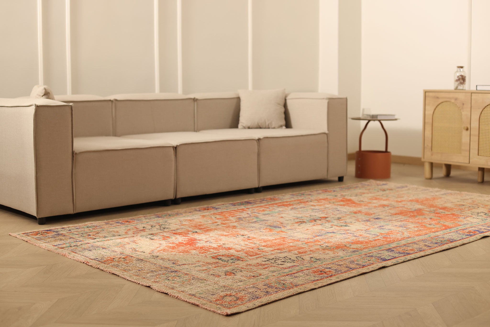Vintage Manisa Turkish Area Rug 5x10 ft — Orange & Beige Distressed