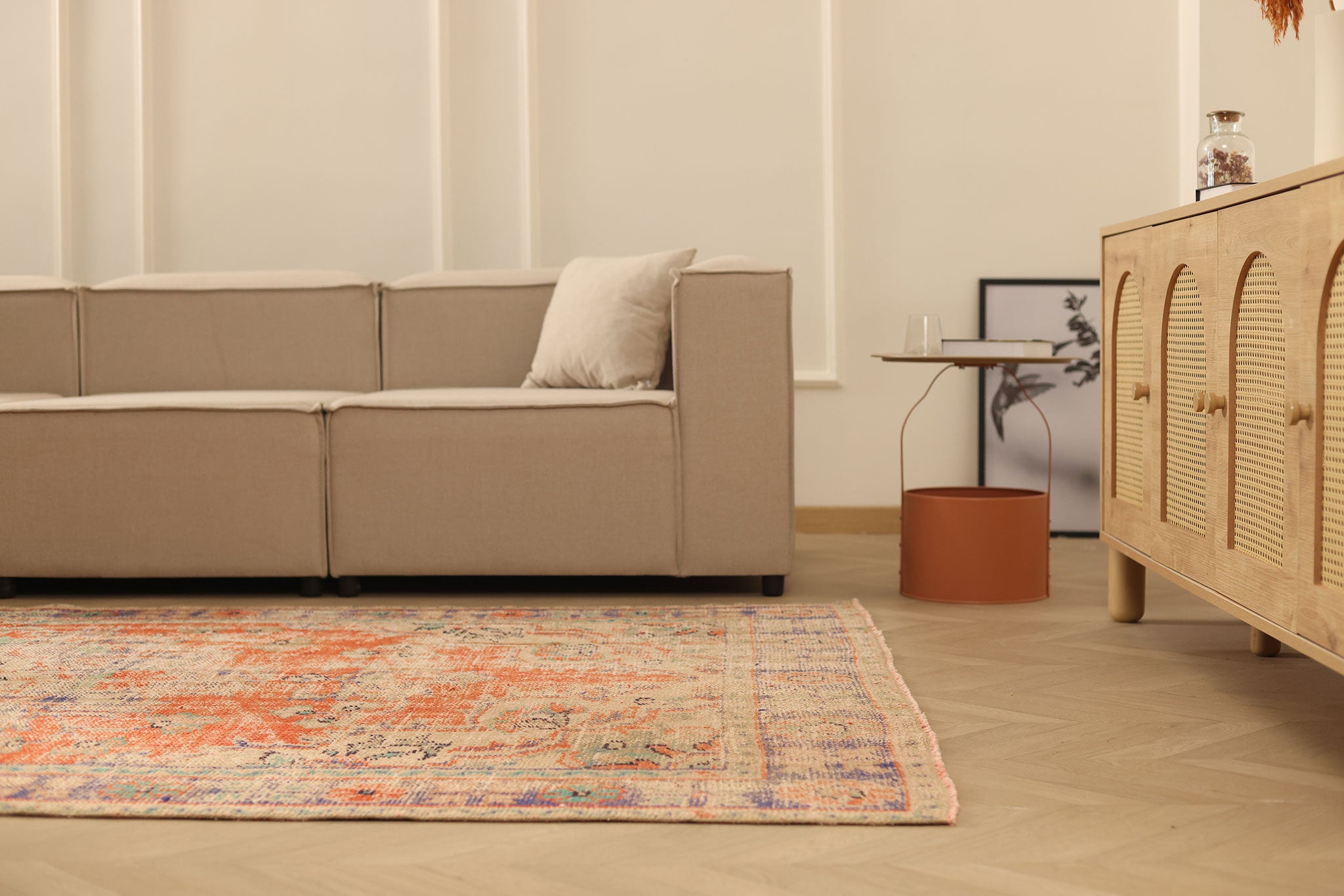 Vintage Manisa Turkish Area Rug 5x10 ft — Orange & Beige Distressed