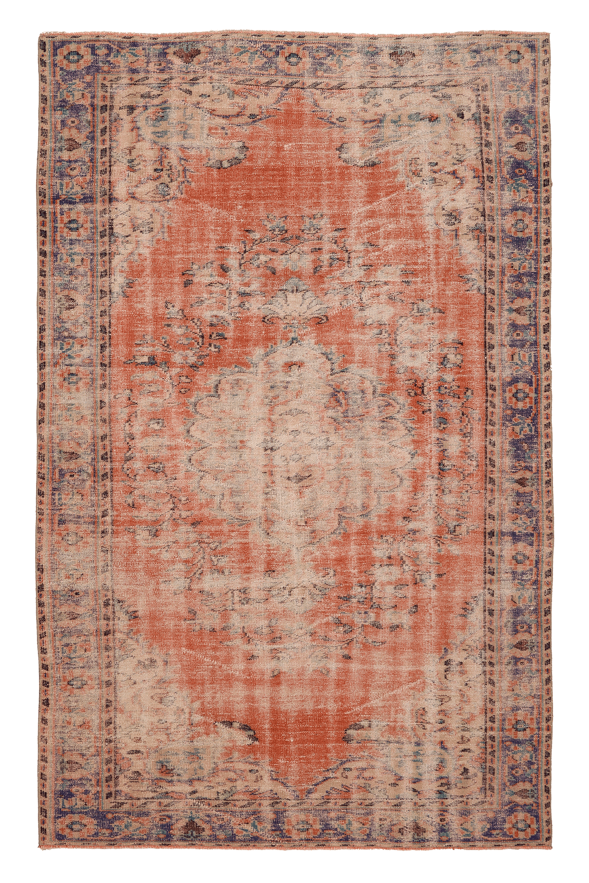 Vintage Manisa Turkish Area Rug 5x9 ft — Orange & Blue Distressed (No. 62044)