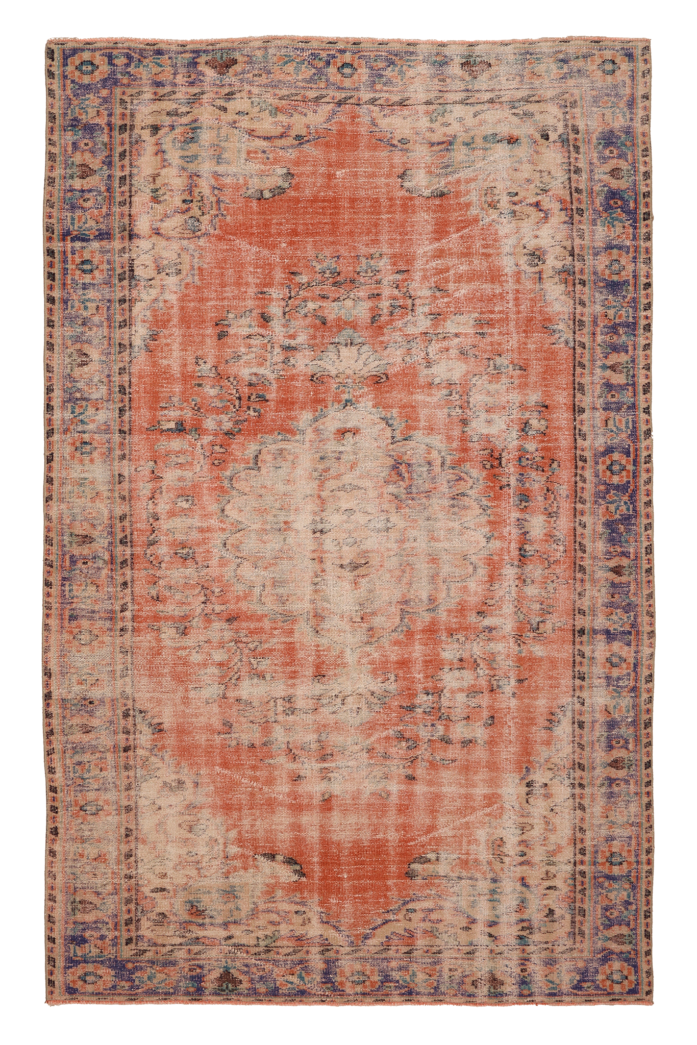 Vintage Manisa Turkish Area Rug 5x9 ft — Orange & Blue Distressed (No. 62044)