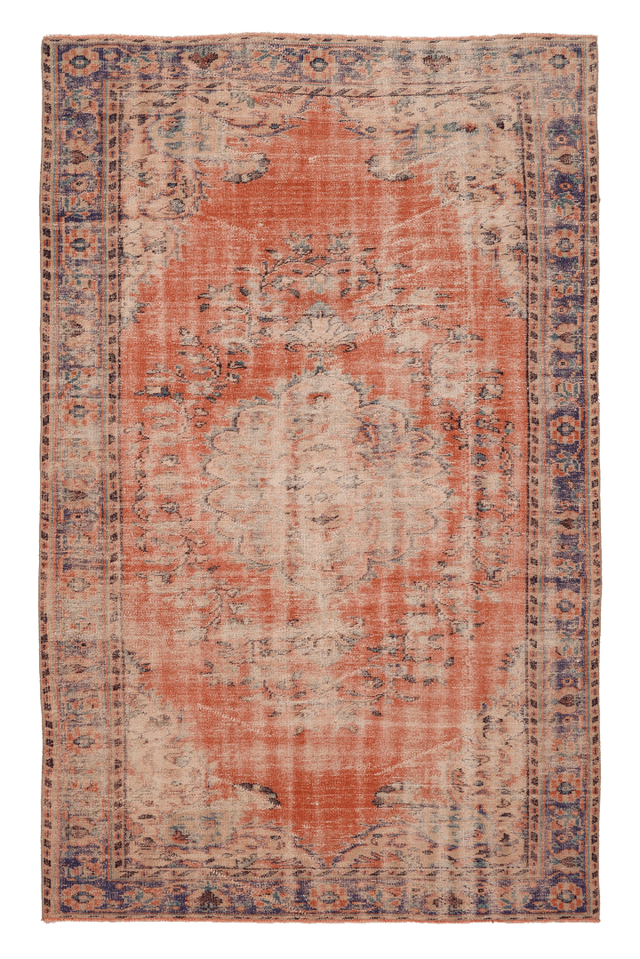 Vintage Manisa Turkish Area Rug 5x9 ft — Orange & Blue Distressed (No. 62044)