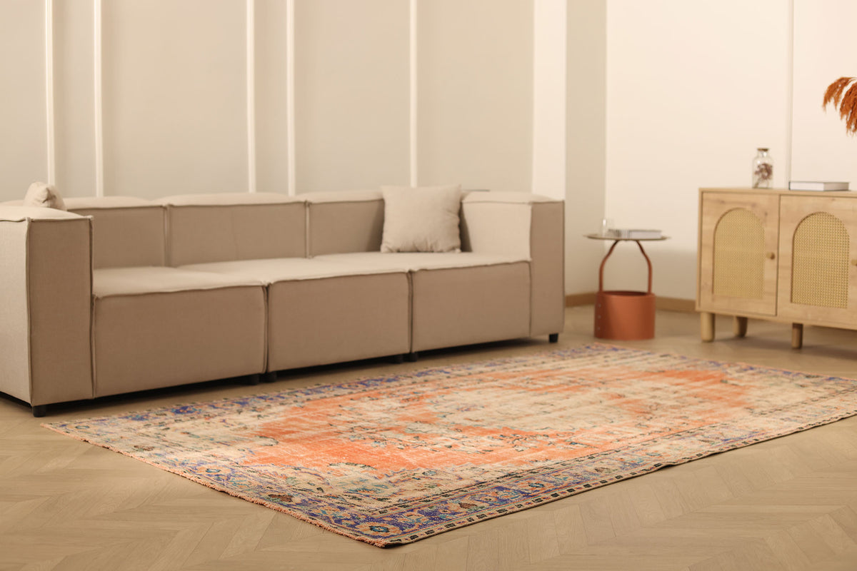 Vintage Manisa Turkish Area Rug 5x9 ft — Orange & Blue Distressed (No. 62044)